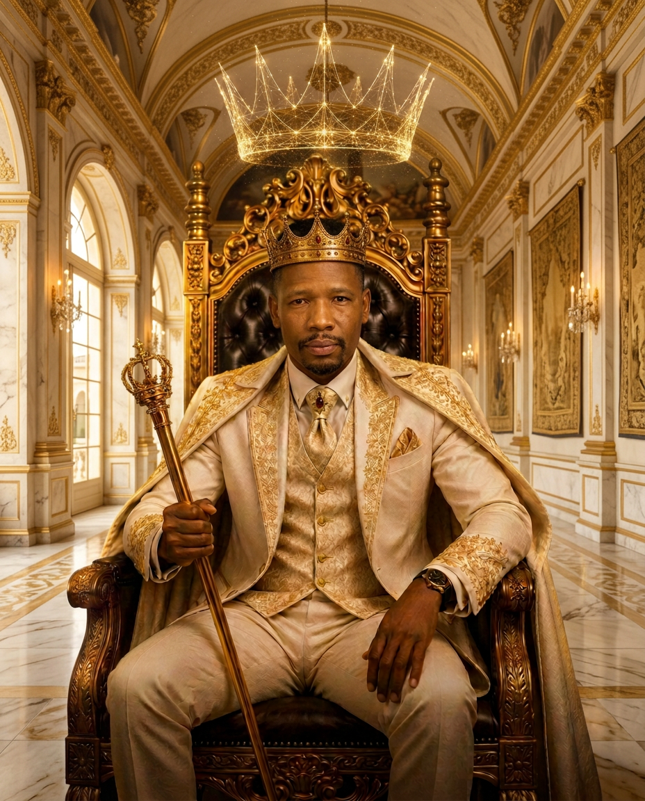 King-P seated on a golden throne, crowned and robed in ivory and gold, holding a golden scepter before a glowing city skyline